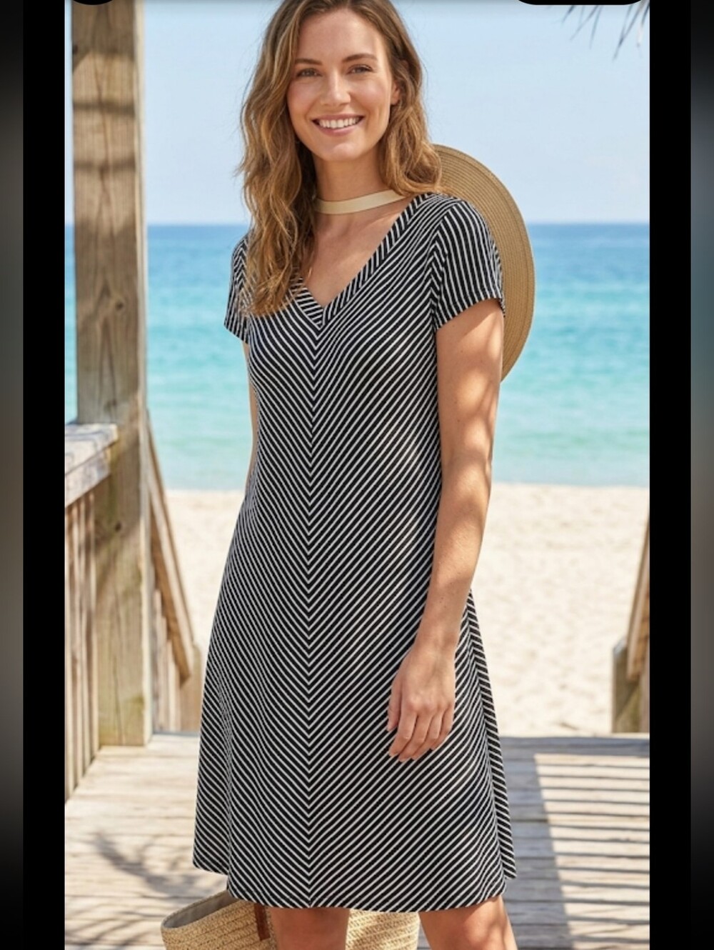 Thyme & Honey Black and White Striped V-Neck A-line Dress